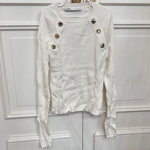 Zara Ivory Ribbed Long Sleeve Top with Gold Buttons